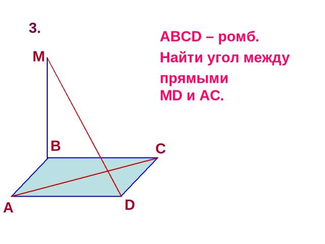 3. M ABCD – ромб. Найти угол между прямыми MD и AC.