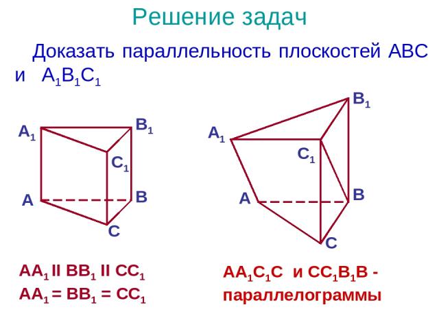 Решение задач Доказать параллельность плоскостей ABC и A1B1C1 AA1 II BB1 II CC1 AA1 = BB1 = CC1 AA1C1C и CС1B1B - параллелограммы