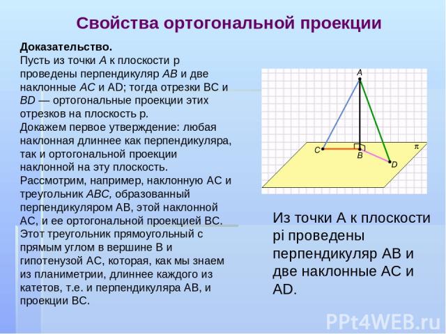 Свойства ортогональной проекции Доказательство. Пусть из точки А к плоскости p проведены перпендикуляр АВ и две наклонные АС и AD; тогда отрезки ВС и BD — ортогональные проекции этих отрезков на плоскость p. Докажем первое утверждение: любая наклонн…