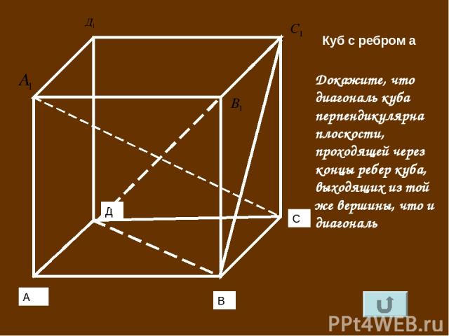 А В С Д Куб с ребром а Докажите, что диагональ куба перпендикулярна плоскости, проходящей через концы ребер куба, выходящих из той же вершины, что и диагональ