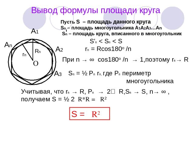 Вывод формулы площади круга А1 А2 А3 Аn O Rn rn Пусть S – площадь данного круга Sn – площадь многоугольника А1А2А3…An Sn – площадь круга, вписанного в многоугольник S'n < Sn < S rn = Rcos180о /n При n → ∞ cos180о /n → 1,поэтому rn→ R Sn = ½ Pn rn, г…