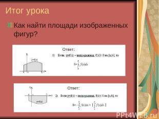 Итог урока Как найти площади изображенных фигур? Ответ: Ответ: