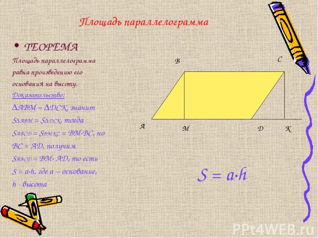 Площадь параллелограмма ТЕОРЕМА Площадь параллелограмма равна произведению его основания на высоту. Доказательство: ∆АВМ = ∆DCK, значит S∆ABM = S∆DCK, тогда SABCD = SBMKC = BM·BC, но ВС = AD, получим SABCD = BM· AD, то есть S = a·h, где а – основани…