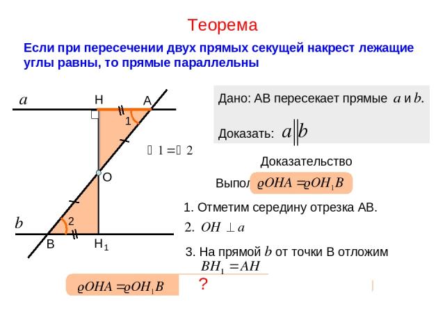 1. Отметим середину отрезка АВ. АО=ОВ Теорема Если при пересечении двух прямых секущей накрест лежащие углы равны, то прямые параллельны а b А В 1 2 Дано: АВ пересекает прямые a и b. Доказать: Доказательство Выполним построения: О Н 3. На прямой b о…