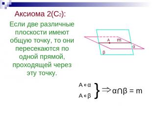 Аксиома 2(С2): Если две различные плоскости имеют общую точку, то они пересекают