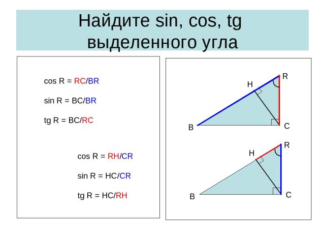 Найдите sin, cos, tg выделенного угла C B R H C B R H cos R = RC/BR sin R = BC/BR tg R = BC/RC cos R = RH/CR sin R = HC/CR tg R = HC/RH