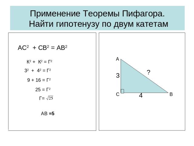 Применение Теоремы Пифагора. Найти гипотенузу по двум катетам К2 + К2 = Г2 32 + 42 = Г2 9 + 16 = Г2 25 = Г2 Г= АВ =5 АС2 + СB2 = AВ2
