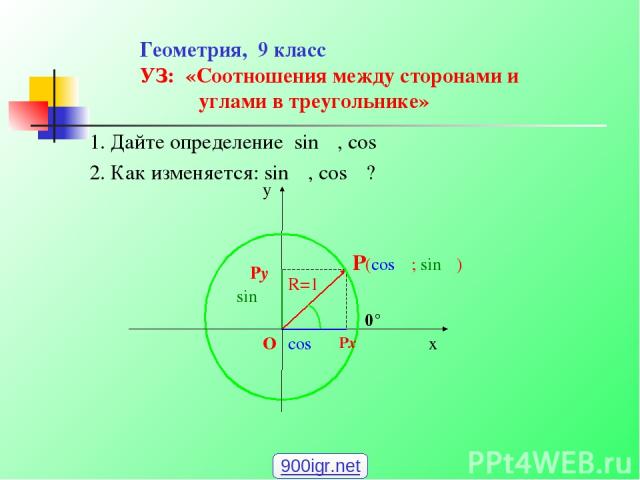 Геометрия, 9 класс УЗ: «Соотношения между сторонами и углами в треугольнике» 1. Дайте определение sin α, cos α 2. Как изменяется: sin α, cos α? 900igr.net