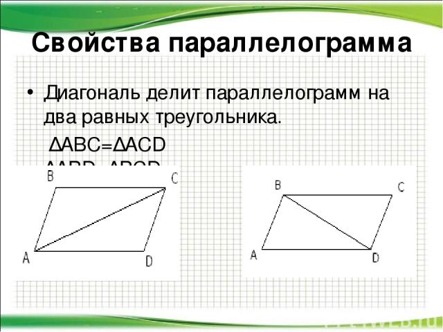 Диагональ делит параллелограмм на два равных треугольника. ∆ABC=∆ACD ∆ABD=∆BCD Свойства параллелограмма