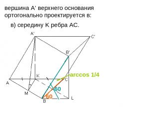в) середину K ребра АС. вершина А’ верхнего основания ортогонально проектируется
