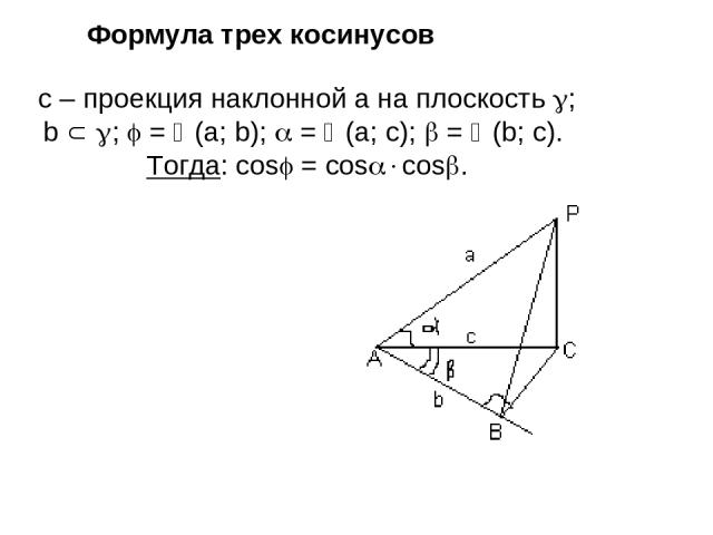 c – проекция наклонной а на плоскость ; b ; = (a; b); = (a; c); = (b; c). Тогда: cos = cos cos . Формула трех косинусов