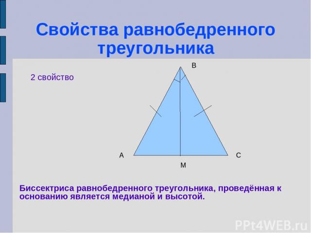 Свойства равнобедренного треугольника 2 свойство А С В М Биссектриса равнобедренного треугольника, проведённая к основанию является медианой и высотой.