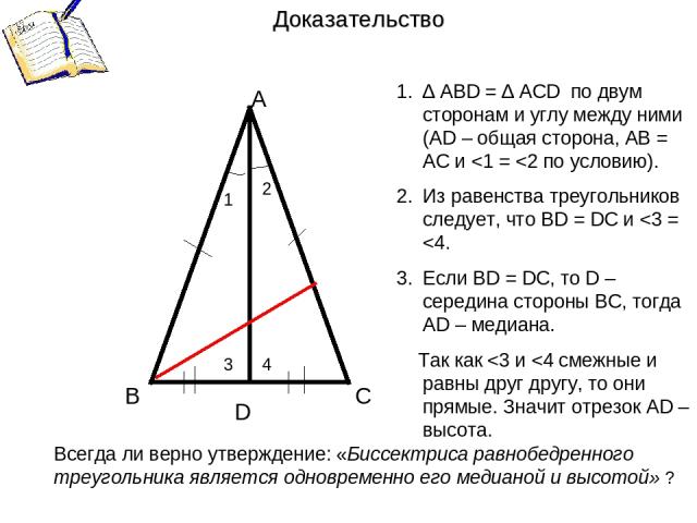 А В С D Доказательство 1 2 ∆ ABD = ∆ ACD по двум сторонам и углу между ними (АD – общая сторона, АВ = АС и