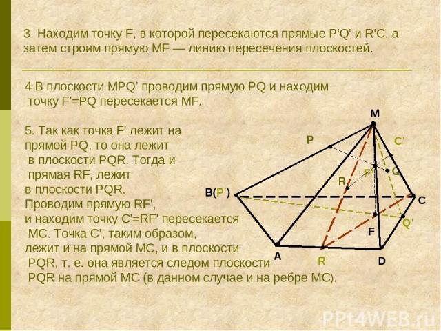 3. Находим точку F, в которой пересекаются прямые Р'Q' и R'С, а затем строим прямую MF — линию пересечения плоскостей. 4 В плоскости MPQ’ проводим прямую PQ и находим точку F'=PQ пересекается MF. 5. Так как точка F' лежит на прямой PQ, то она лежит …