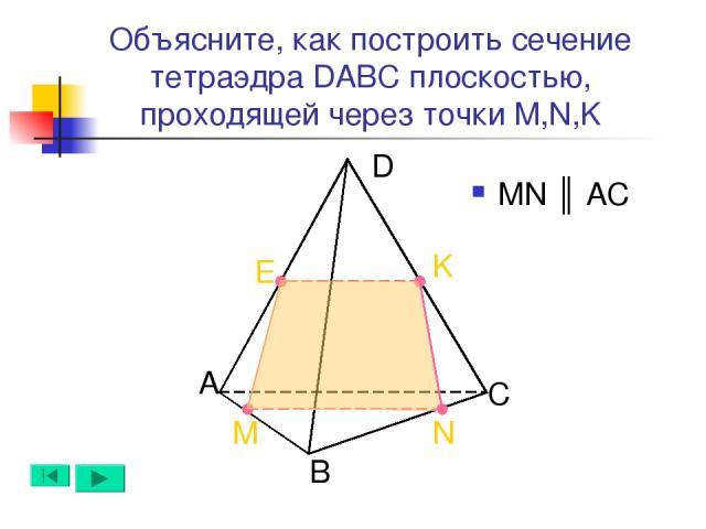 А B D C N M K Объясните, как построить сечение тетраэдра DABC плоскостью, проходящей через точки M,N,K E MN ║ AC