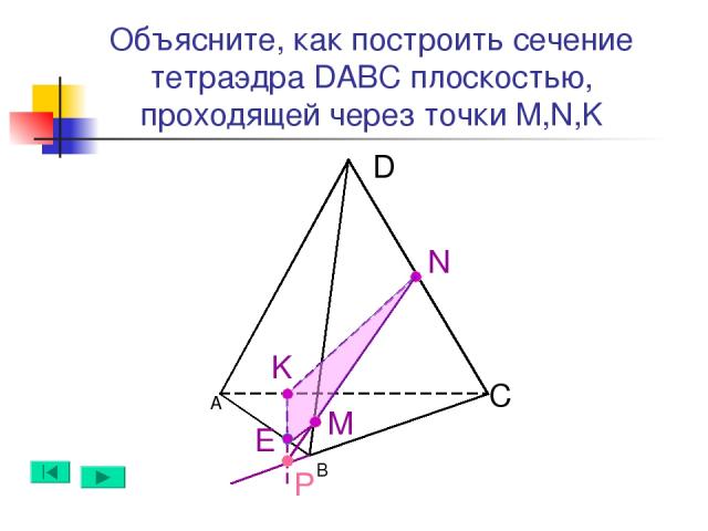 А B D C N M Е Объясните, как построить сечение тетраэдра DABC плоскостью, проходящей через точки M,N,K K Р