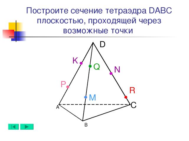 А B D C N M Q Построите сечение тетраэдра DABC плоскостью, проходящей через возможные точки K Р R