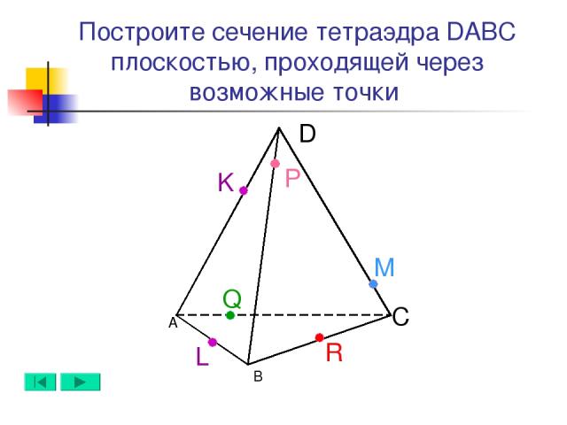 А B D C L M Q Построите сечение тетраэдра DABC плоскостью, проходящей через возможные точки K Р R