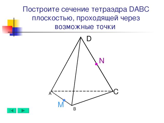 А B D C N M Построите сечение тетраэдра DABC плоскостью, проходящей через возможные точки