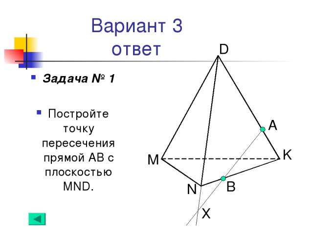 Вариант 3 ответ Задача № 1 Постройте точку пересечения прямой АВ с плоскостью MND. А B N Х