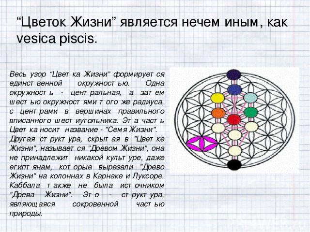 “Цветок Жизни” является нечем иным, как vesica piscis. Весь узор “Цветка Жизни” формируется единственной окружностью. Одна окружность - центральная, а затем шестью окружностями того же радиуса, с центрами в вершинах правильного вписанного шестиуголь…