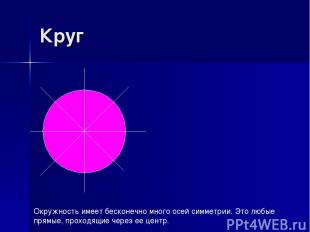 Круг Окружность имеет бесконечно много осей симметрии. Это любые прямые, проходя