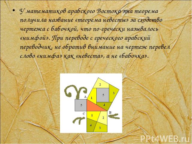 У математиков арабского Востока эта теорема получила название «теорема невесты» за сходство чертежа с бабочкой, что по-гречески называлось «нимфой». При переводе с греческого арабский переводчик, не обратив внимание на чертеж перевел слово «нимфа» к…