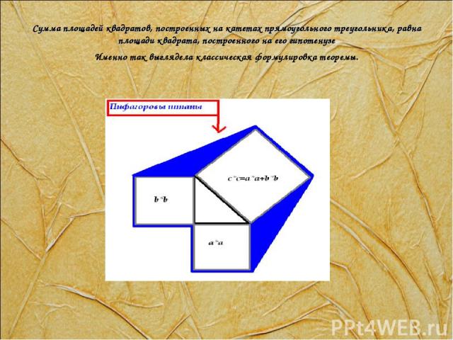 Сумма площадей квадратов, построенных на катетах прямоугольного треугольника, равна площади квадрата, построенного на его гипотенузе Именно так выглядела классическая формулировка теоремы.