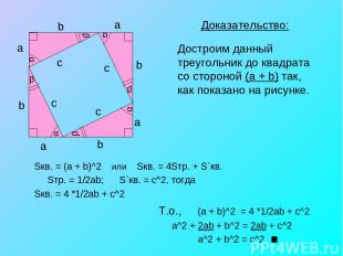 Доказательство: Достроим данный треугольник до квадрата со стороной (a + b) так,