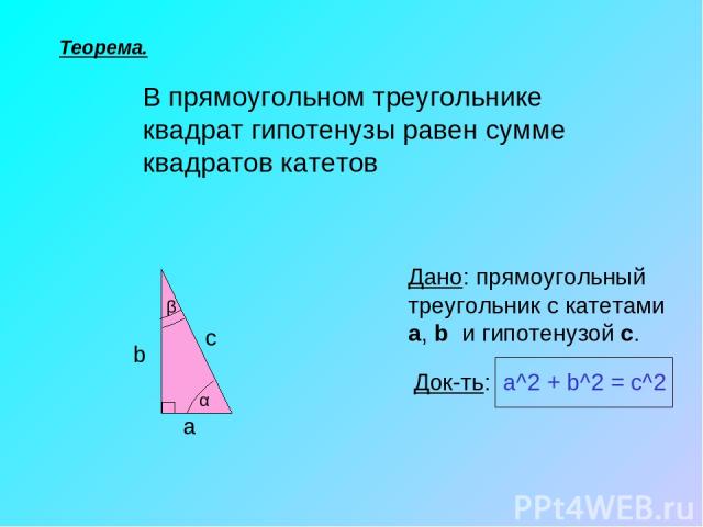 Теорема. В прямоугольном треугольнике квадрат гипотенузы равен сумме квадратов катетов Дано: прямоугольный треугольник с катетами a, b и гипотенузой c. Док-ть: a^2 + b^2 = c^2