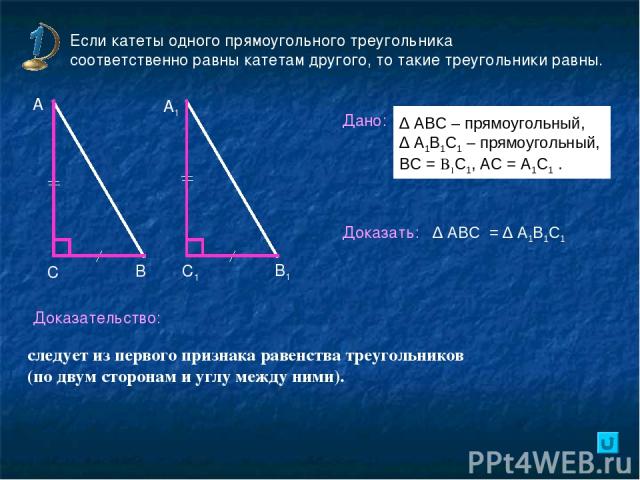 Если катеты одного прямоугольного треугольника соответственно равны катетам другого, то такие треугольники равны. Дано: Доказать: Доказательство: В А А1 С С1 В1 ∆ АВС = ∆ А1В1С1 следует из первого признака равенства треугольников (по двум сторонам и…