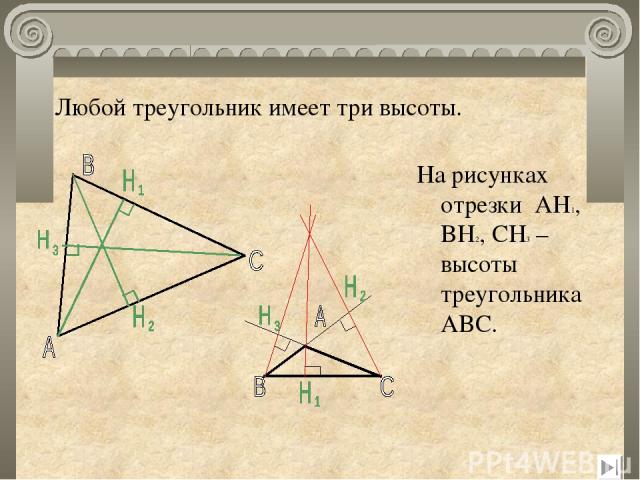 Любой треугольник имеет три высоты. На рисунках отрезки AH1, BH2, CH3 – высоты треугольника ABC.
