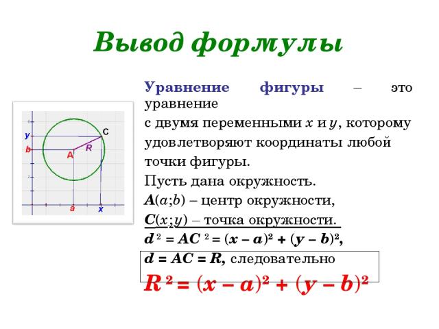 Вывод формулы Уравнение фигуры – это уравнение с двумя переменными х и у, которому удовлетворяют координаты любой точки фигуры. Пусть дана окружность. А(а;b) – центр окружности, С(х ; у) – точка окружности. d 2 = АС 2 = (х – а)2 + (у – b)2, d = АС =…