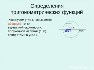 Определения тригонометрических функций Косинусом угла х называется абсцисса точк