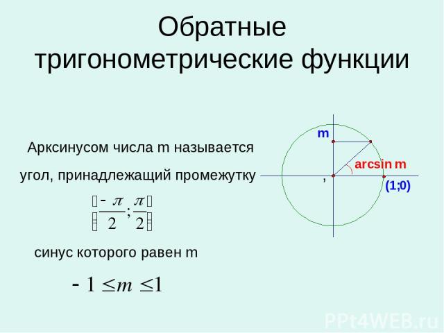 Обратные тригонометрические функции угол, принадлежащий промежутку , Аркcинусом числа m называется синус которого равен m