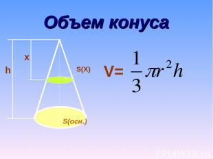 Объем конуса h x S(осн.) S(X) V=