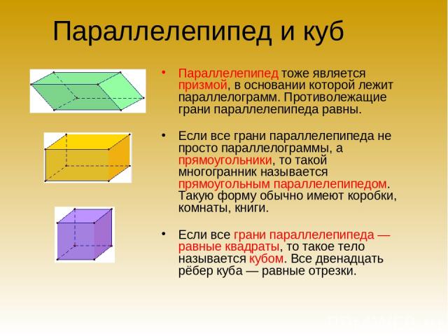 Параллелепипед и куб Параллелепипед тоже является призмой, в основании которой лежит параллелограмм. Противолежащие грани параллелепипеда равны. Если все грани параллелепипеда не просто параллелограммы, а прямоугольники, то такой многогранник называ…