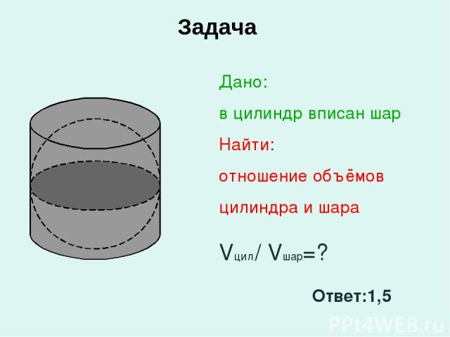 Задача Дано: в цилиндр вписан шар Найти: отношение объёмов цилиндра и шара Vцил / Vшар=? Ответ:1,5