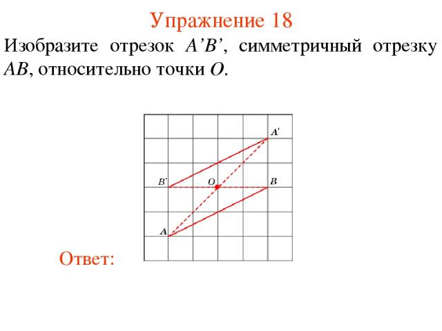 Упражнение 18 Изобразите отрезок A’B’, симметричный отрезку AB, относительно точки O.