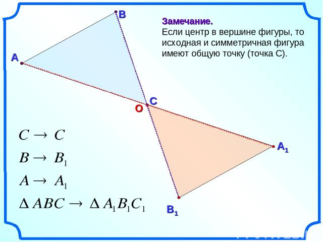 А В Замечание. Если центр в вершине фигуры, то исходная и симметричная фигура имеют общую точку (точка С). С