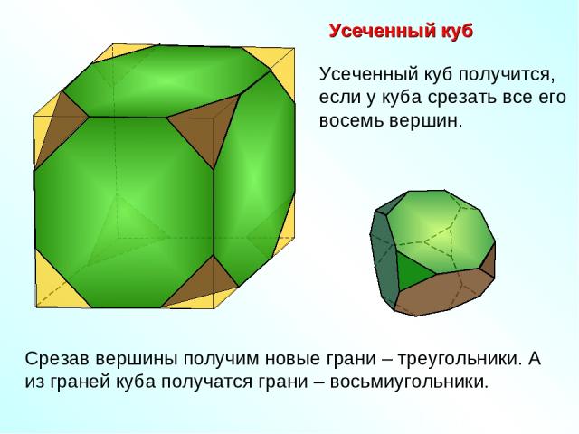 Усеченный куб Срезав вершины получим новые грани – треугольники. А из граней куба получатся грани – восьмиугольники. Усеченный куб получится, если у куба срезать все его восемь вершин.