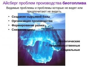 Айсберг проблем производства биотоплива Создание сырьевой базы Организация произ