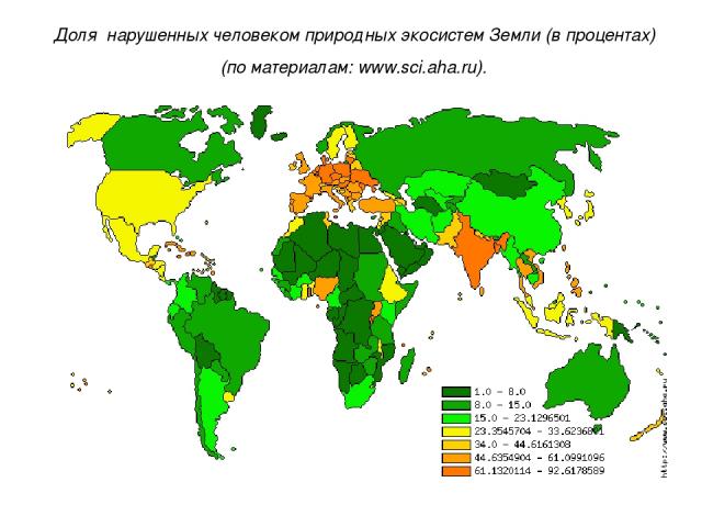       Доля нарушенных человеком природных экосистем Земли (в процентах) (по материалам: www.sci.aha.ru).