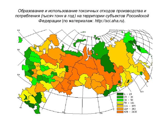       Образование и использование токсичных отходов производства и потребления (тысяч тонн в год) на территории субъектов Российской Федерации (по материалам: http://sci.aha.ru).