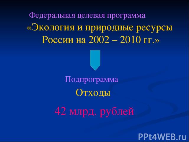 Федеральная целевая программа «Экология и природные ресурсы России на 2002 – 2010 гг.» Подпрограмма Отходы 42 млрд. рублей