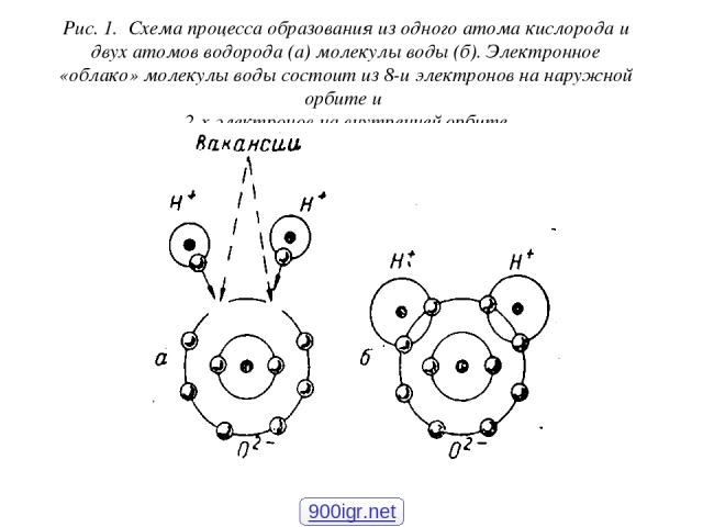 Рис. 1. Схема процесса образования из одного атома кислорода и двух атомов водорода (а) молекулы воды (б). Электронное «облако» молекулы воды состоит из 8-и электронов на наружной орбите и 2-х электронов на внутренней орбите. 900igr.net