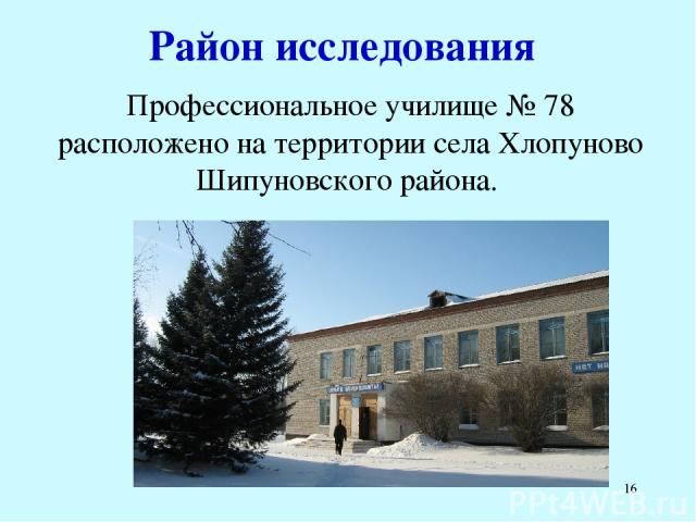 * Район исследования Профессиональное училище № 78 расположено на территории села Хлопуново Шипуновского района.