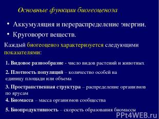 Основные функции биогеоценоза Аккумуляция и перераспределение энергии. Круговоро