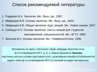 Список рекомендуемой литературы Радкевич В.А. Экология. Мн.: Выш. шк., 1997. Мав