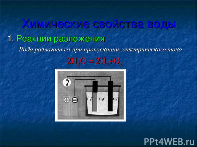 Химические свойства воды 1. Реакции разложения Вода разлагается при пропускании электрического тока 2Н2О = 2Н2+О2 Прибор для разложения воды